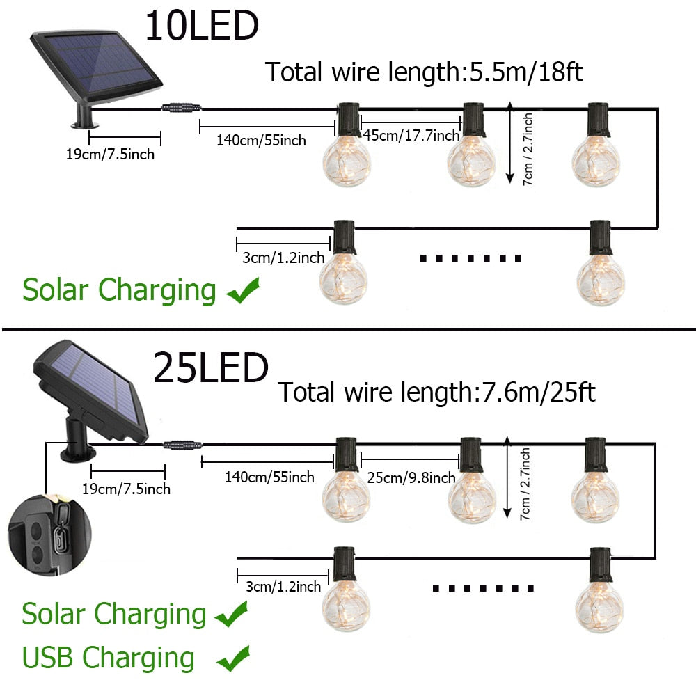 Guirlande solaire Ampoule G40 claire à fil (Solar/USB)
