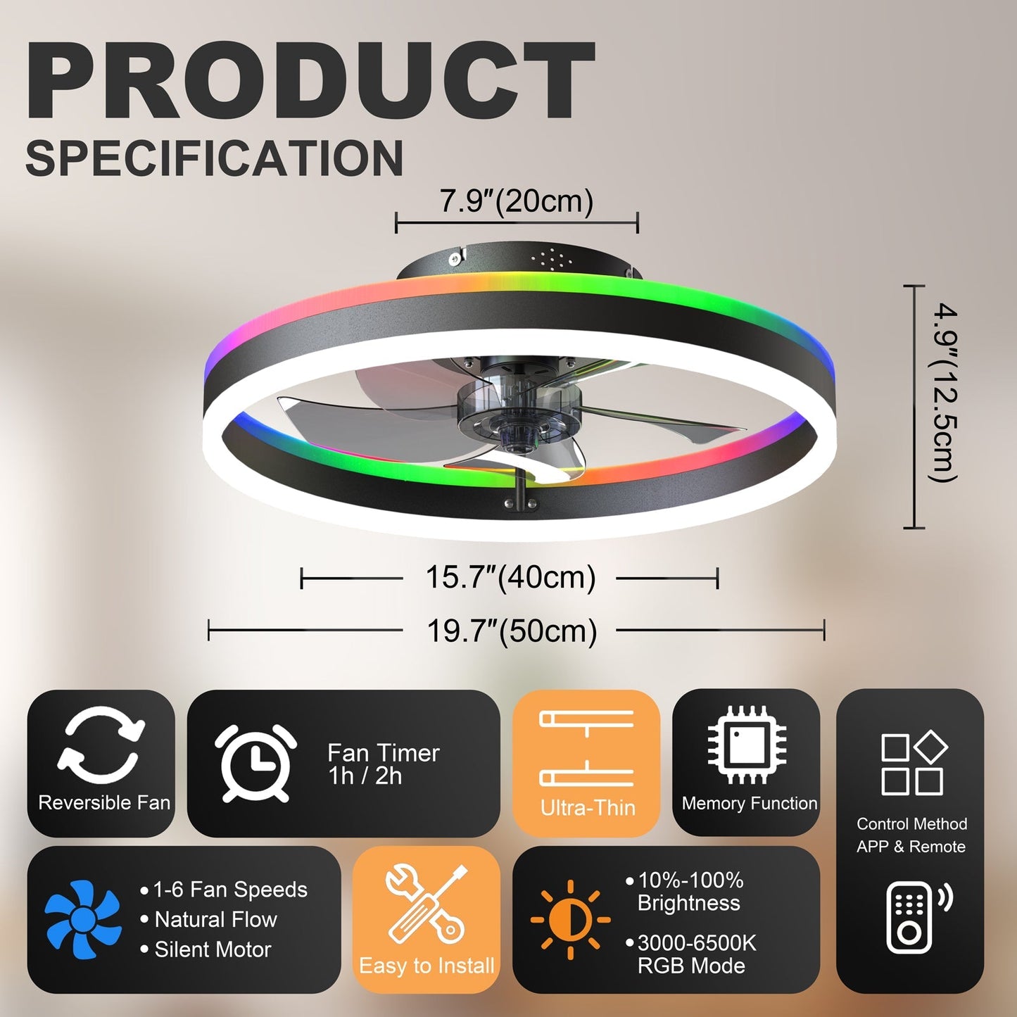 19.7 RGB Flush Mount Ceiling Fan with Light for Bedroom