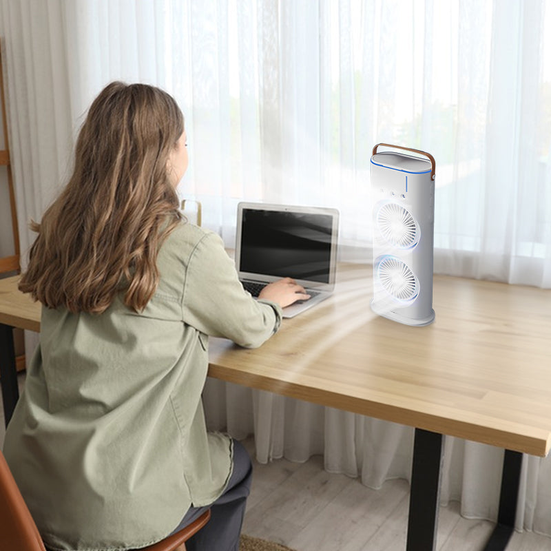 Rechargeable Portable Mini Fan with Spray Cooling – Desktop/ Room Use. Ventilation & LED Light
