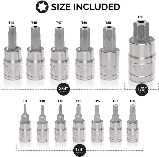 10073A 13-Piece Tamper Proof Torx Bit Socket Set - Durable S2 Steel Bits & Cr-V Steel Sockets (TT8 – TT60)