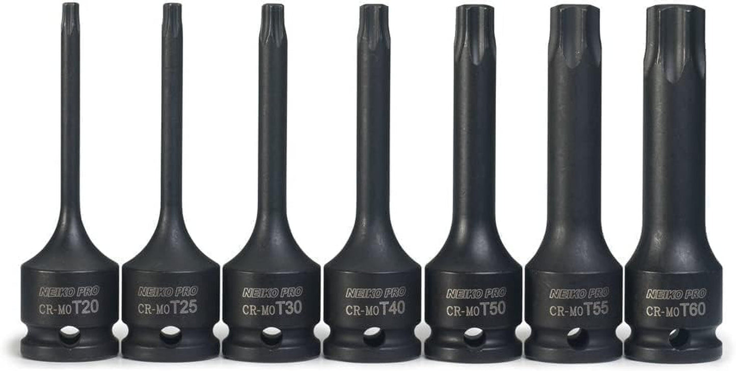 01132B 7-Piece Torx Star Driver Bit Socket Set | 3/8 Drive T20 to T60 | Durable Cr-Mo Impact Grade | 3 Length