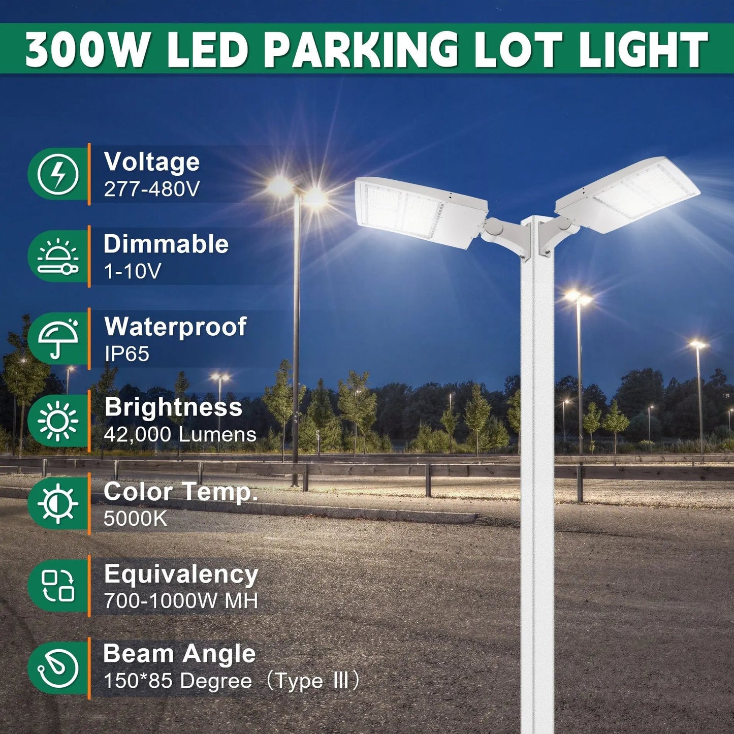 300W 480V White LED Parking Lot Light-42.000 Lumens-AC 277~480V-1000W Metal Halide Equivalent-5000K-DLC UL Listed