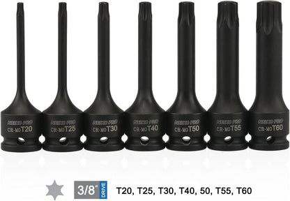 01132B 7-Piece Torx Star Driver Bit Socket Set | 3/8 Drive T20 to T60 | Durable Cr-Mo Impact Grade | 3 Length