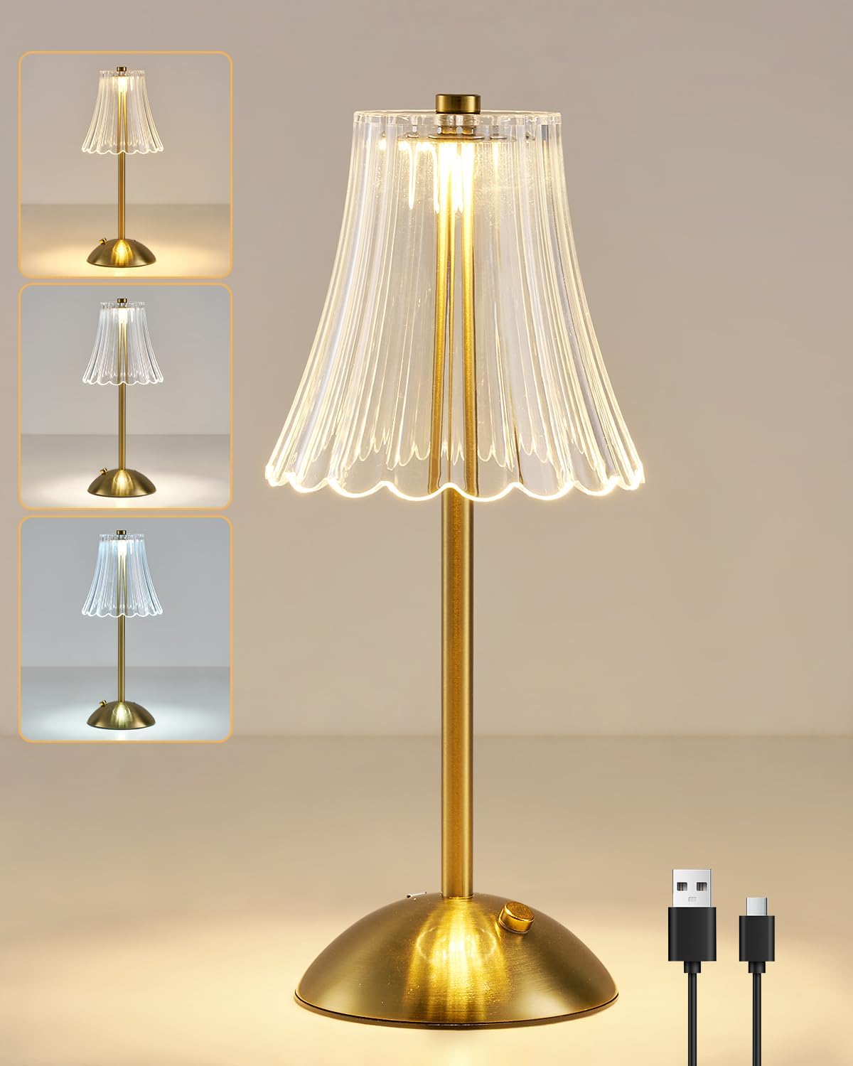Rechargeable Gold Table Lamp. Touch Dimmable LED Desk Light