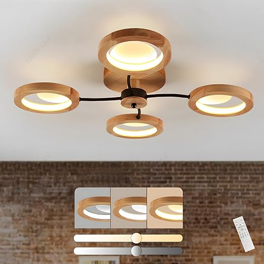94cm LED Wooden Ceiling Light – Dimmable with Remote. Flower Design
