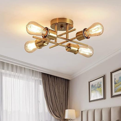 Gold 4-Light Semi Flush Ceiling Light. E27 Base