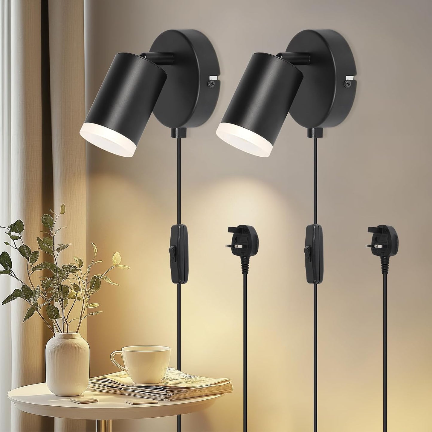 Wall Lights with Switch. Adjustable GU10 Plug-In Lamps 2 Pack