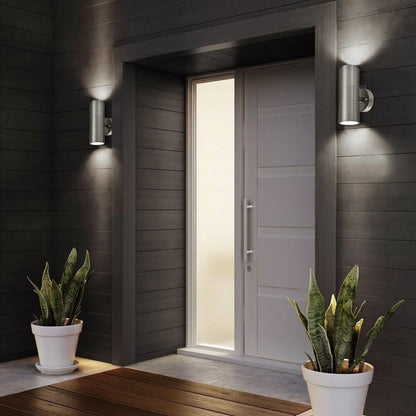 Modern Outdoor Up Down Wall Light – Stainless Steel. IP65 Waterproof. Mains Powered Exterior Sconce for Porch. Patio. or Garage