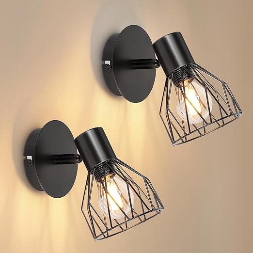 Adjustable Industrial Black Metal Cage Wall Lights. 2 Pack