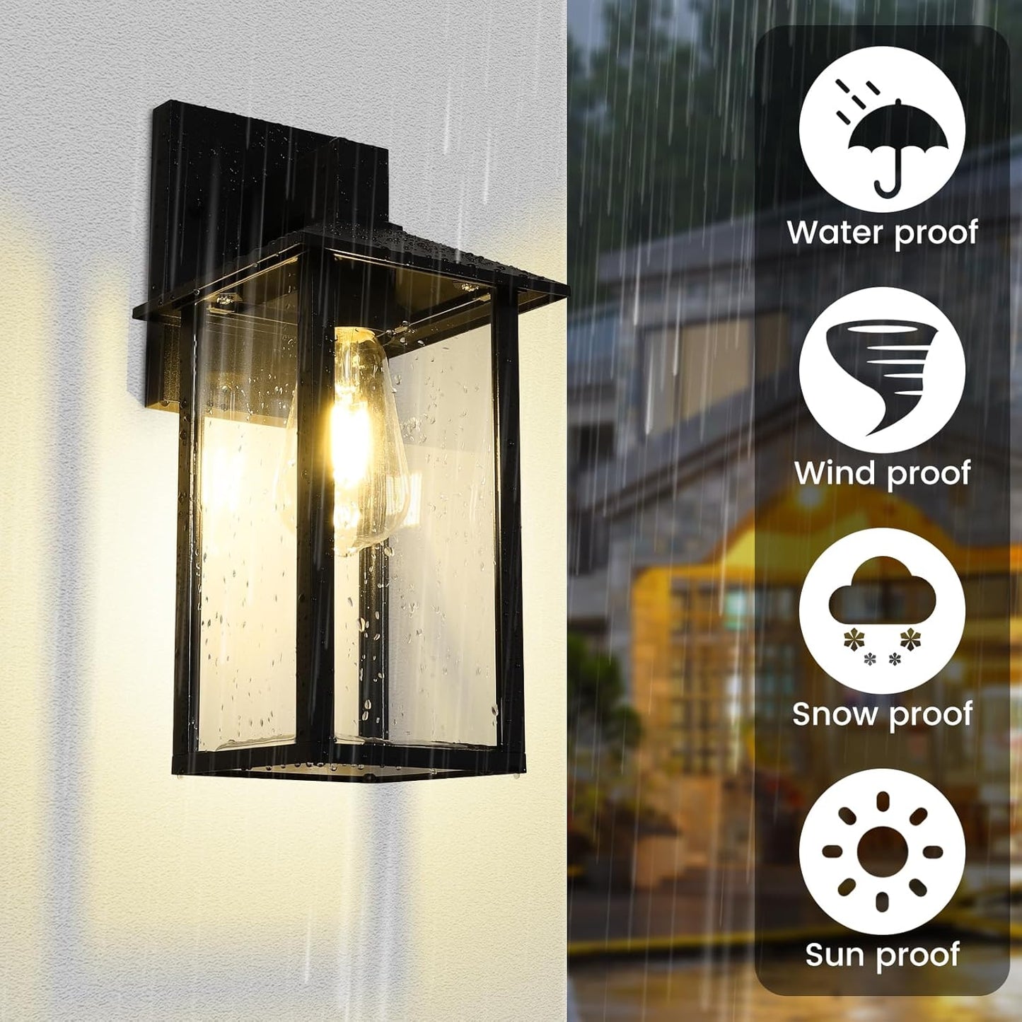 Outdoor Wall Lantern – Black Exterior Light Fixture with Glass Shade (1 Pack)