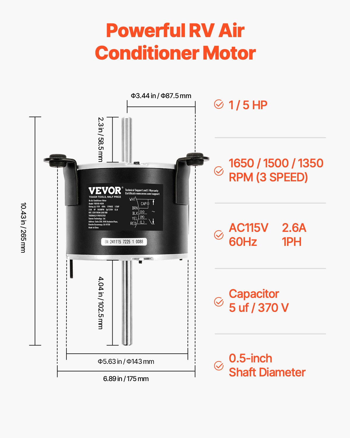 1/5HP RV AC Fan Motor AC115V 2.6A 1650RPM Single Phase With 5uf/370V Capacitor