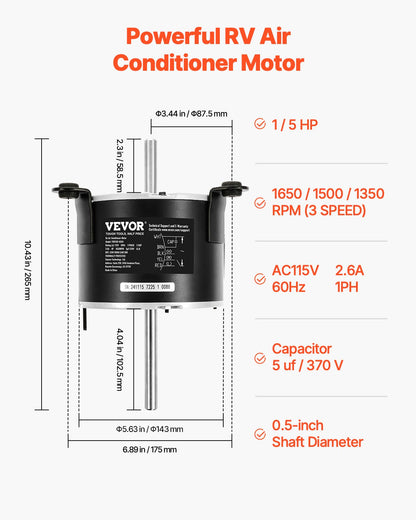 1/5HP RV AC Fan Motor AC115V 2.6A 1650RPM Single Phase With 5uf/370V Capacitor