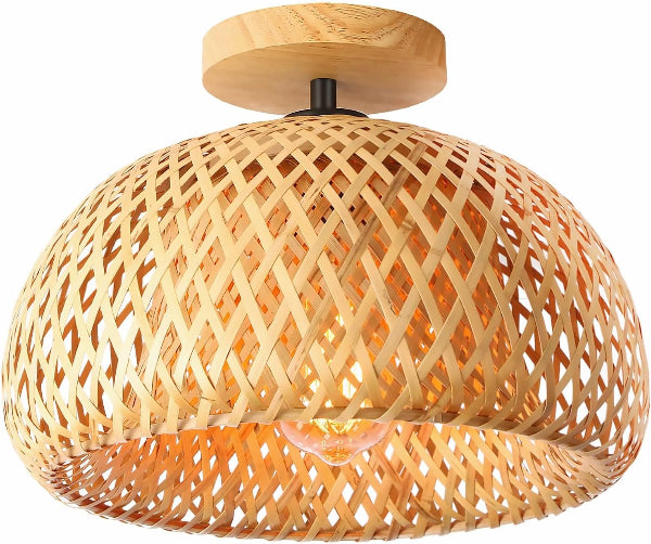 Bamboo Rattan Ceiling Light – Handmade Boho Semi-Flush Farmhouse Fixture for Rooms