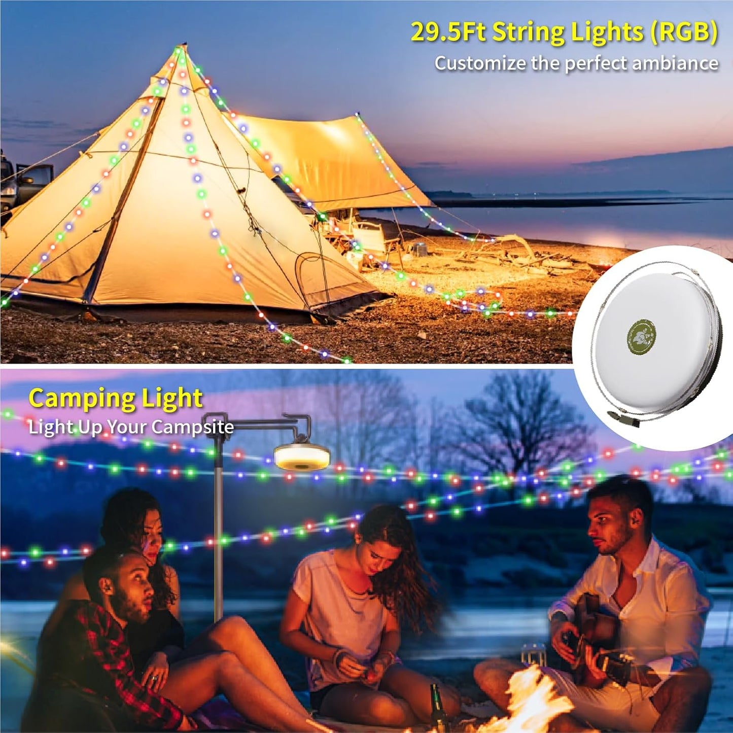 2-in-1 Rechargeable Camping String Lights (32.8ft) with Lantern & 5 Modes