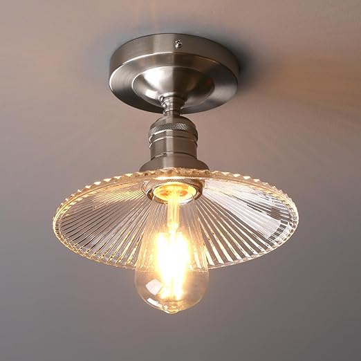 Vintage Ribbed Glass Pendant Ceiling Light. Cone Shade. E27 Base