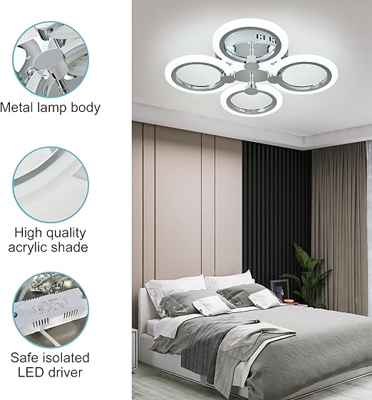 Modern 4-Ring LED Ceiling Light. Chrome. 6500K Daylight