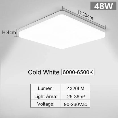 Square LED Ceiling Light. 4320lm. 6000K Daylight White. IP44 Waterproof. Energy-Saving Light for Bathroom. Kitchen. Bedroom. Office