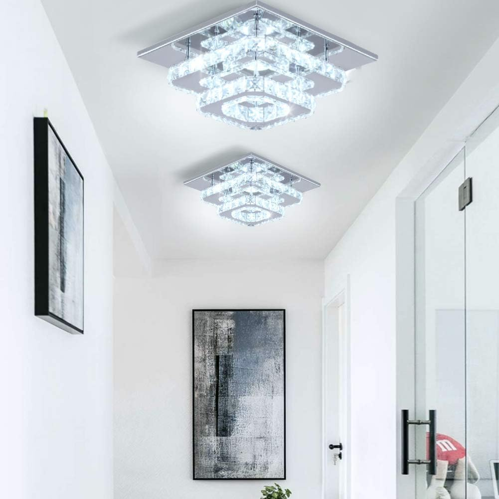 Crystal LED Ceiling Light – Modern K9 Crystal Chandelier. Stainless Steel Flush Mount Fixture for Dining & Living Room
