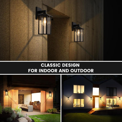 Outdoor Wall Lantern – Black Exterior Light Fixture with Glass Shade (1 Pack)