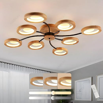 94cm LED Wooden Ceiling Light – Dimmable with Remote. Flower Design