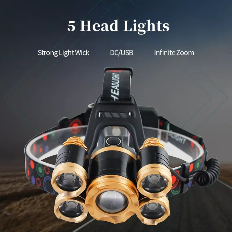 Five Headlights Strong Headlamp Light. Super Bright Rechargeable Long Shot Super Bright Head-Mounted LED Miners Lamp Flashlight