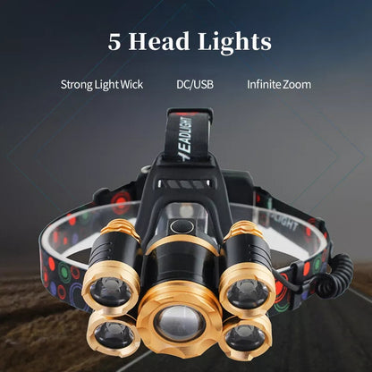 Five Headlights Strong Headlamp Light. Super Bright Rechargeable Long Shot Super Bright Head-Mounted LED Miners Lamp Flashlight