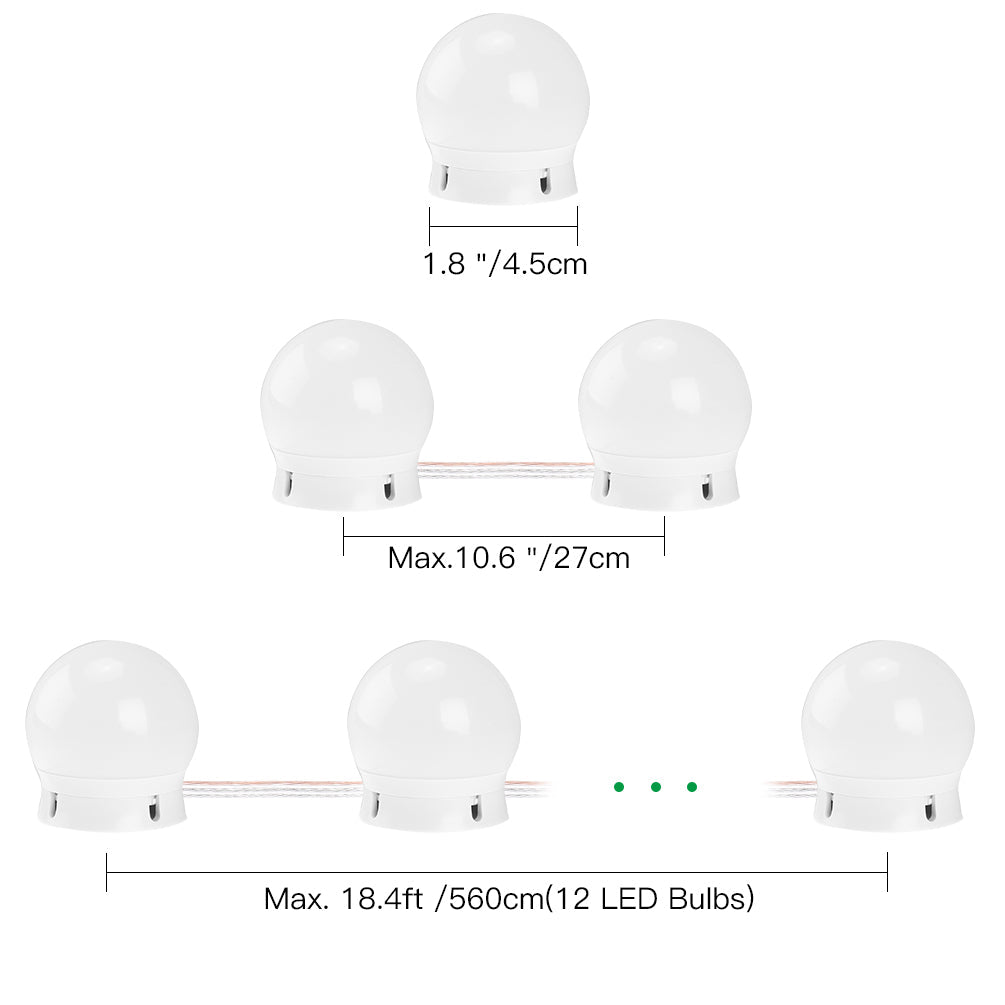 14W dimmable makeup mirror string lights. 5 levels of brightness adjustment