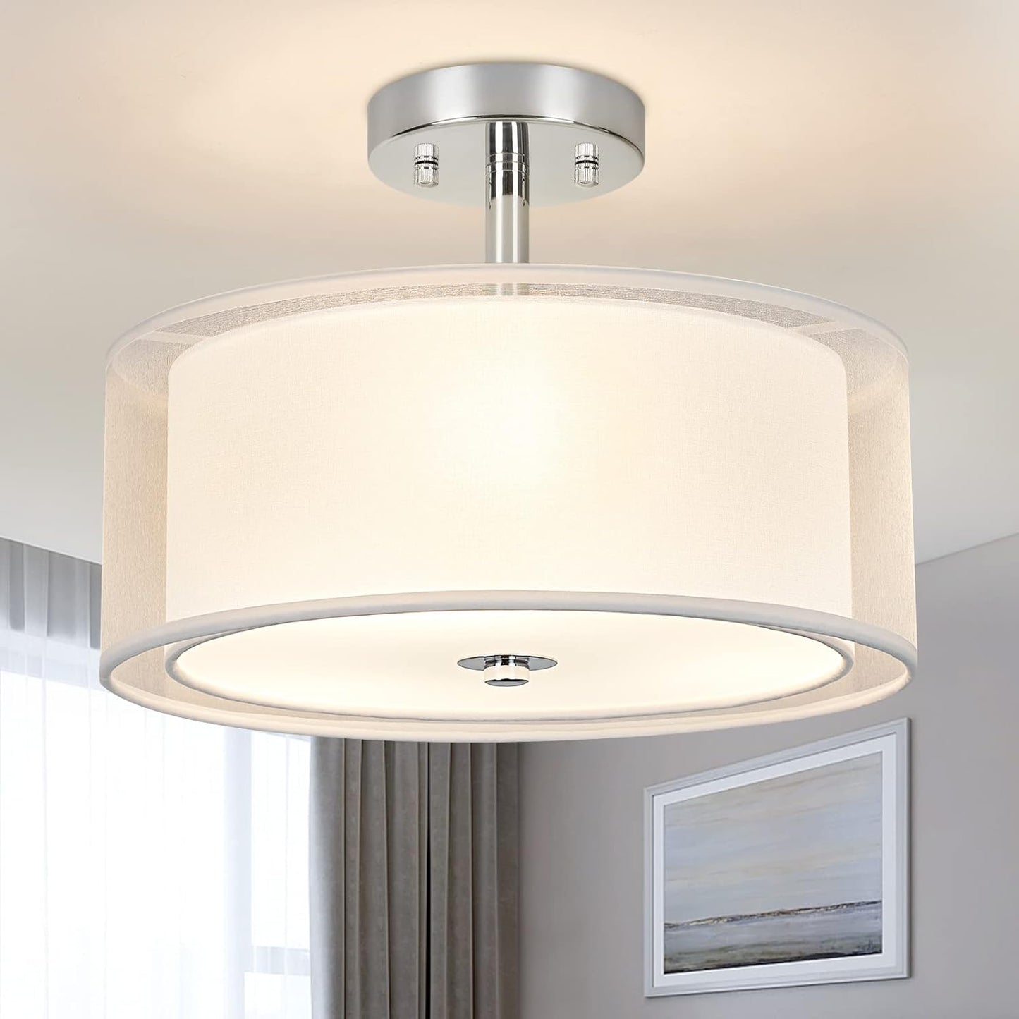 Modern Silver Drum Ceiling Light – 3-Bulb Semi Flush Mount Fixture