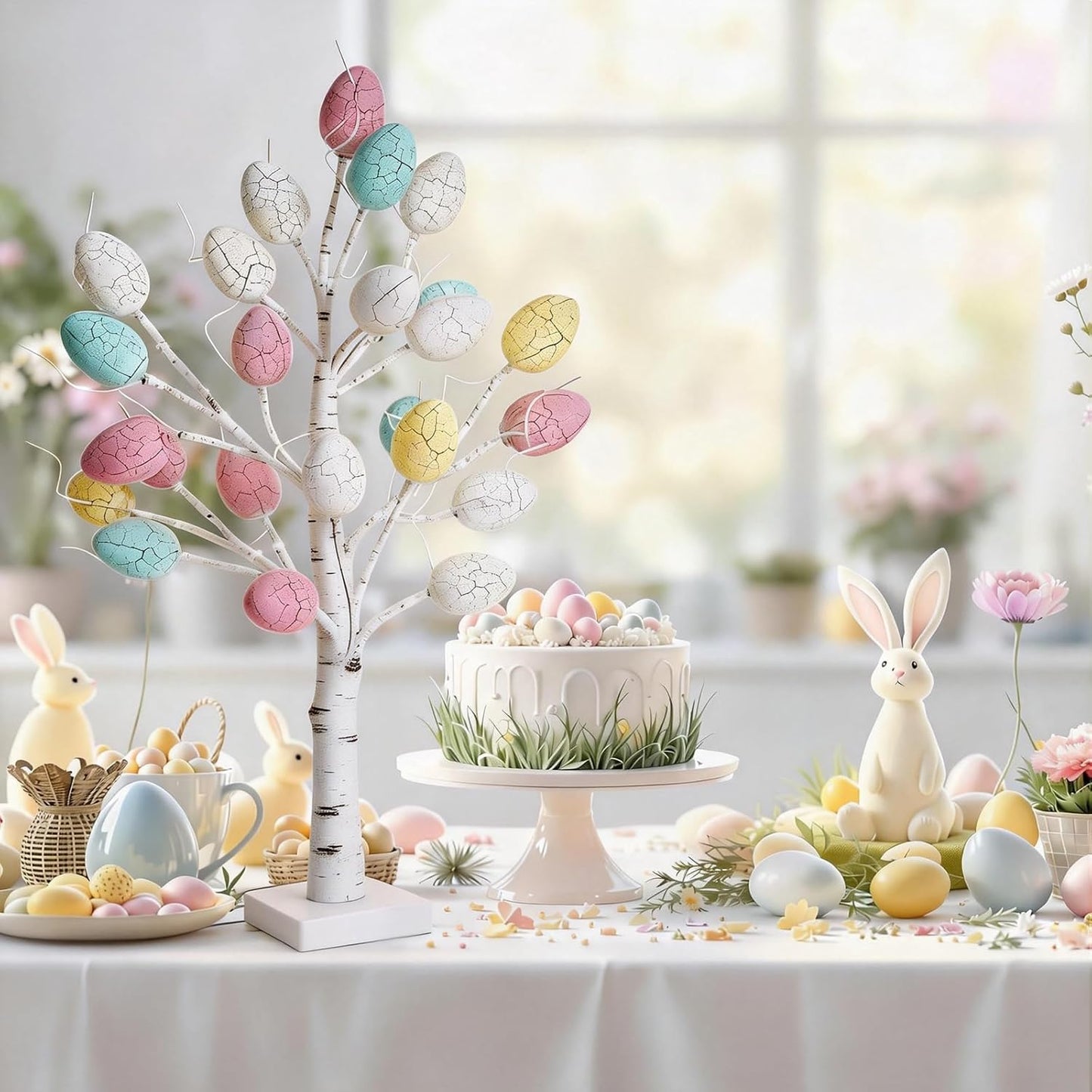 Easter Tree with Lights White Birch Twig Egg Decor Lamp Home