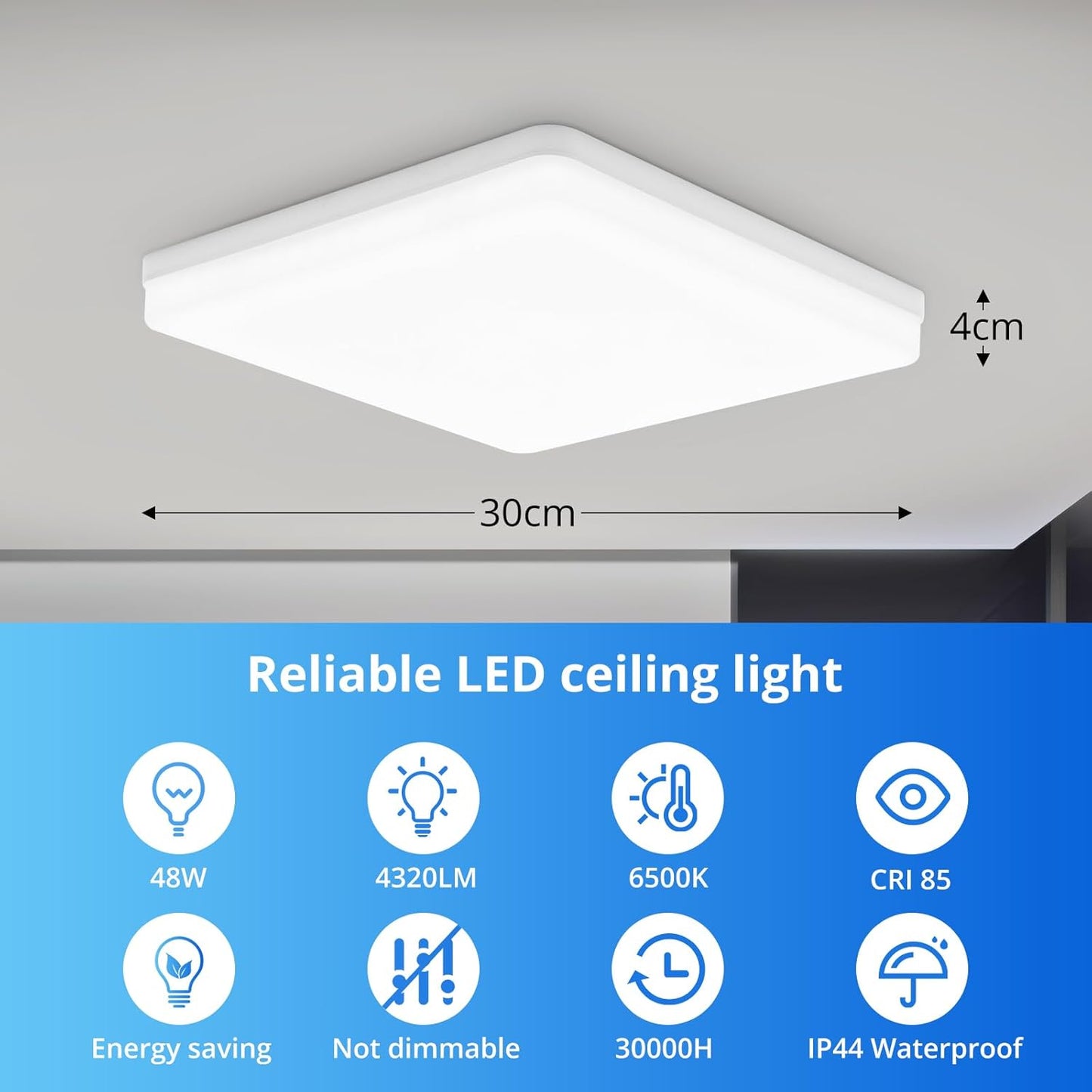 Square LED Ceiling Light. 4320lm. 6000K Daylight White. IP44 Waterproof. Energy-Saving Light for Bathroom. Kitchen. Bedroom. Office