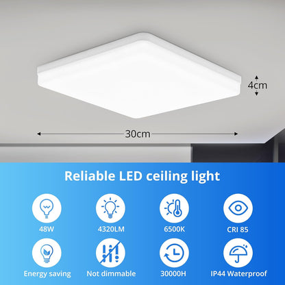Square LED Ceiling Light. 4320lm. 6000K Daylight White. IP44 Waterproof. Energy-Saving Light for Bathroom. Kitchen. Bedroom. Office