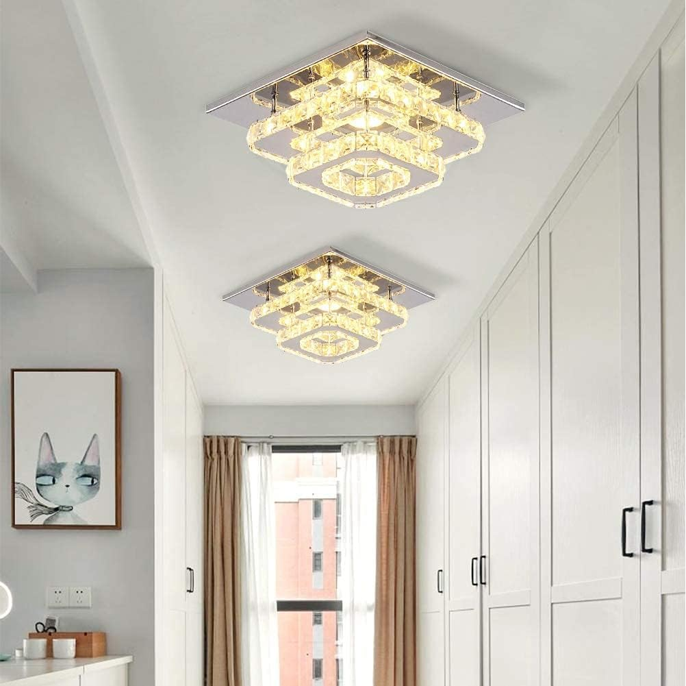 Crystal LED Ceiling Light – Modern K9 Crystal Chandelier. Stainless Steel Flush Mount Fixture for Dining & Living Room