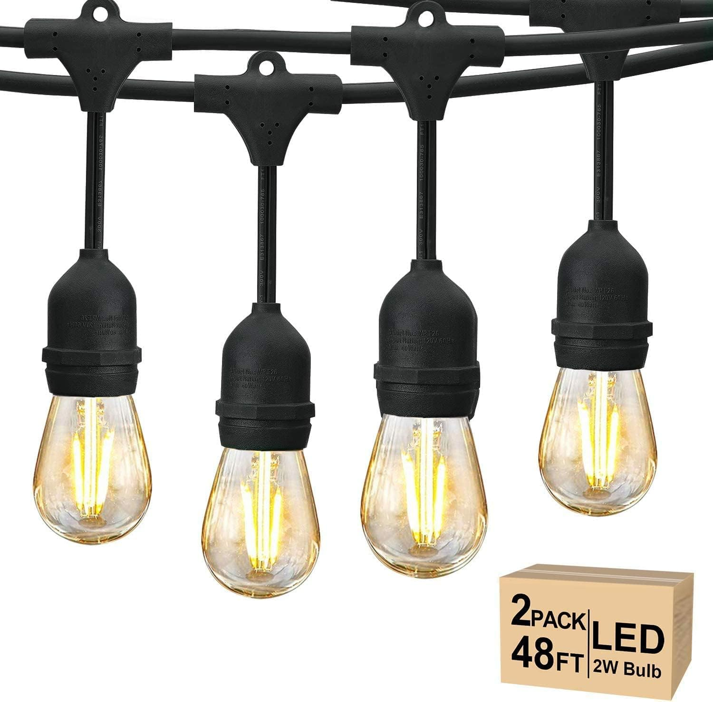 48FT Outdoor LED String Lights. S14 Festoon Lights with 15 E27 Sockets. IP65 Waterproof. 2700K Warm White for Garden. Patio. Party