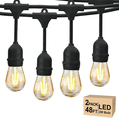 48FT Outdoor LED String Lights. S14 Festoon Lights with 15 E27 Sockets. IP65 Waterproof. 2700K Warm White for Garden. Patio. Party