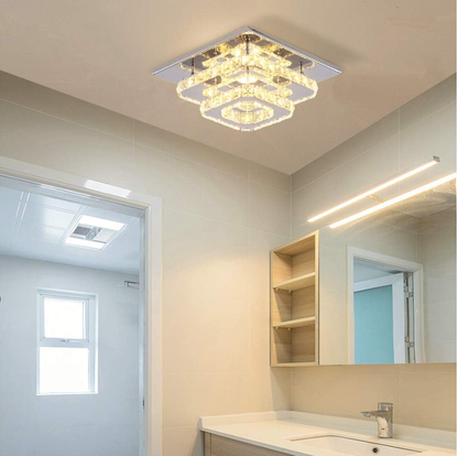 Crystal LED Ceiling Light – Modern K9 Crystal Chandelier. Stainless Steel Flush Mount Fixture for Dining & Living Room