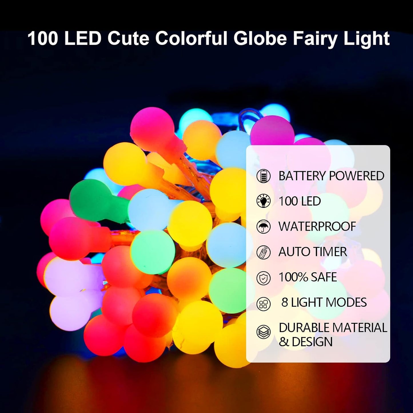 12M 100 LED Battery Operated Multicolor Globe Fairy Lights