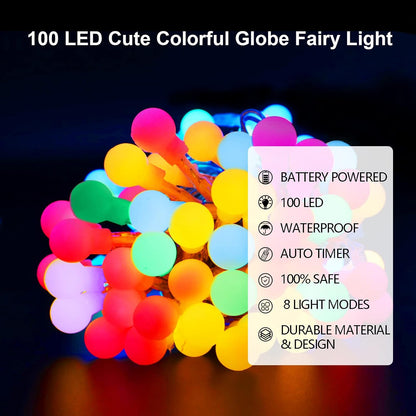 12M 100 LED Battery Operated Multicolor Globe Fairy Lights