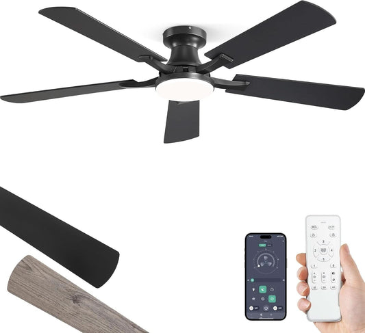 52 Inch Matte Black Ceiling Fan With Dimmable LED Light