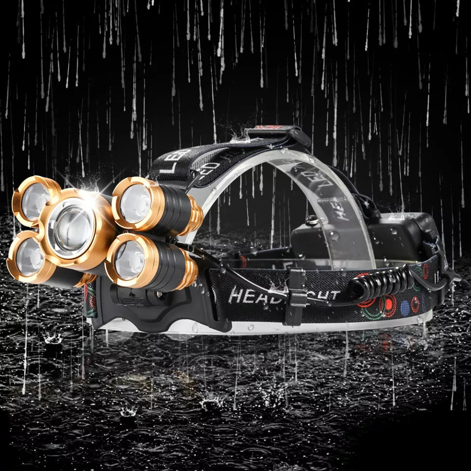 Five Headlights Strong Headlamp Light. Super Bright Rechargeable Long Shot Super Bright Head-Mounted LED Miners Lamp Flashlight