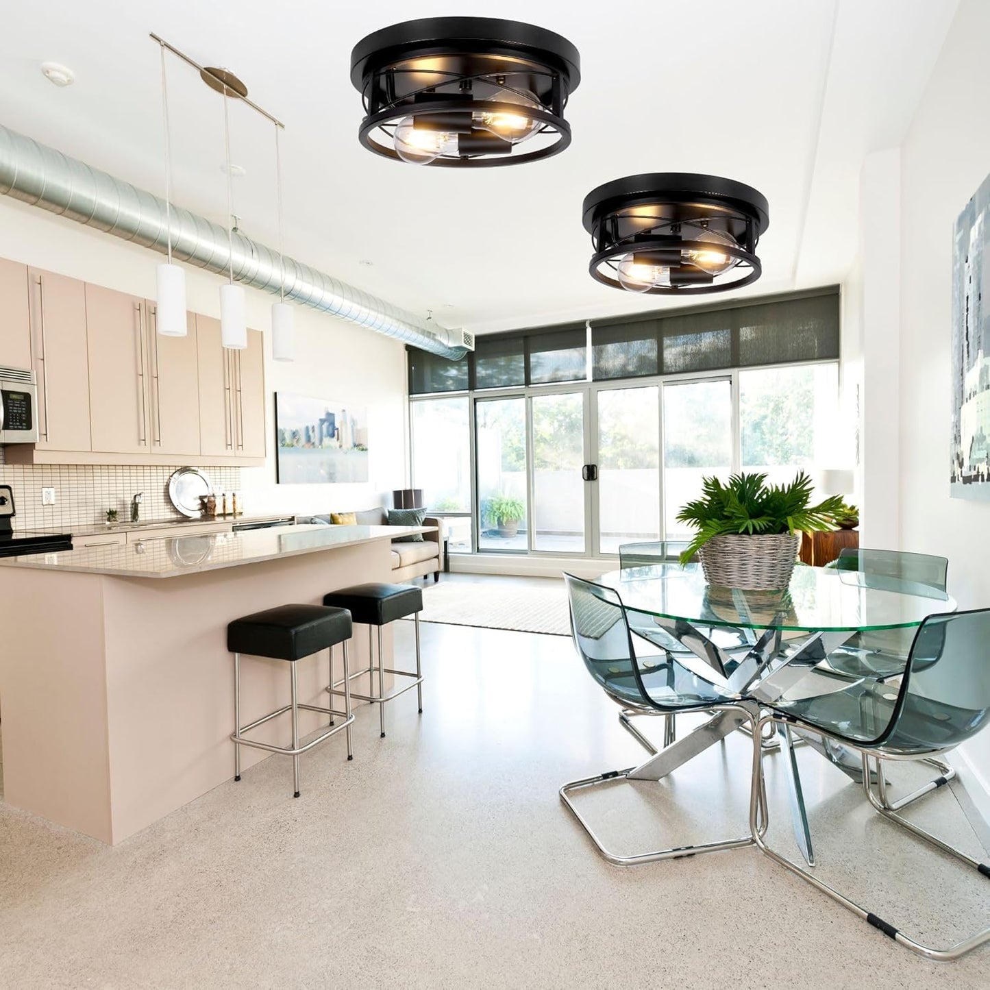 Industrial Round Black Ceiling Light with Dual E27 Fittings