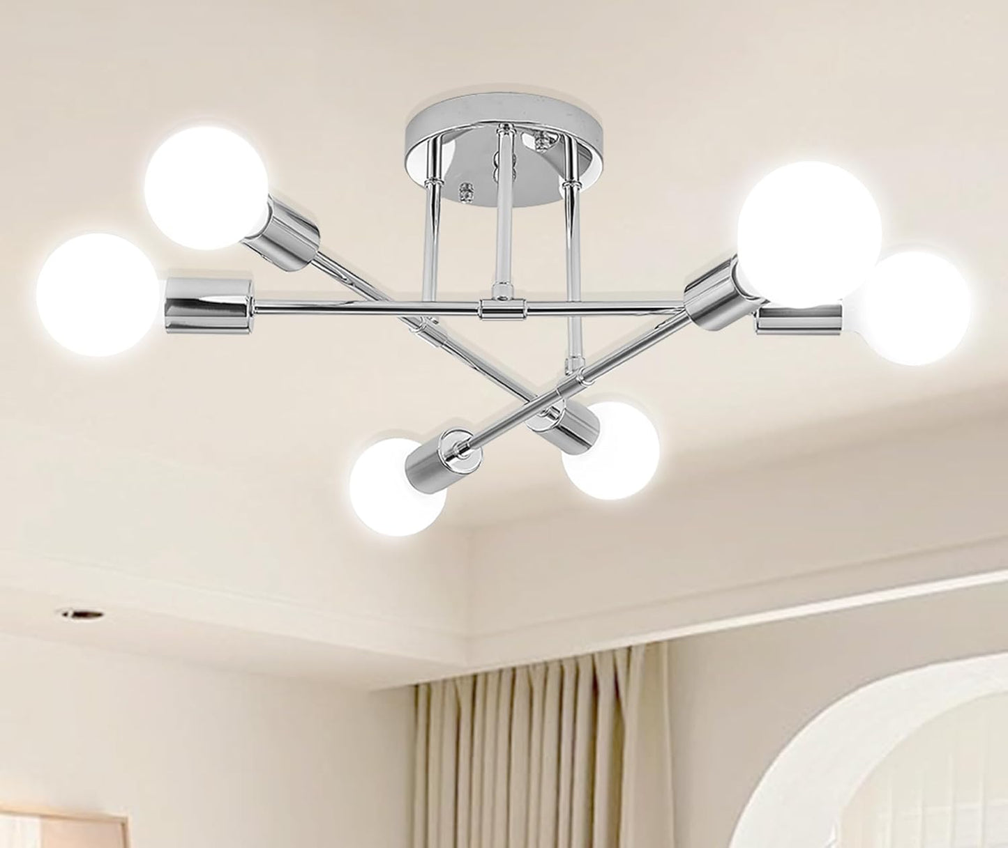 6-Light Silver Flush Mount Ceiling Chandelier – Modern Indoor Fixture