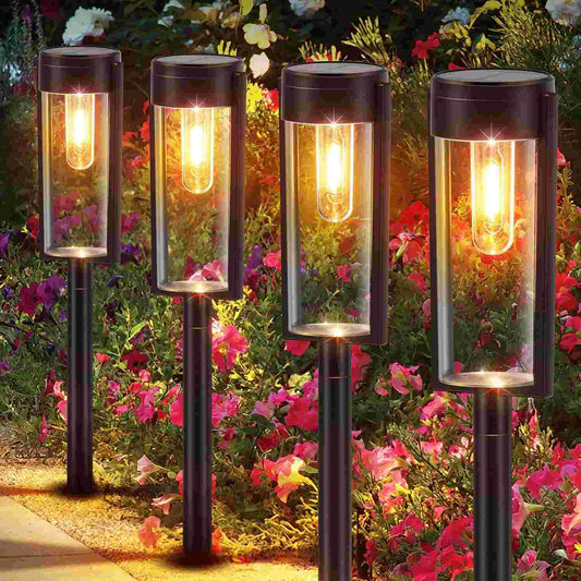 4 Pack Solar Garden Lights – Warm White Tungsten Filament. Waterproof. Auto On/Off