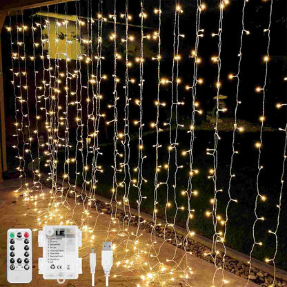 300 LED Curtain Lights – Warm White. 8 Modes