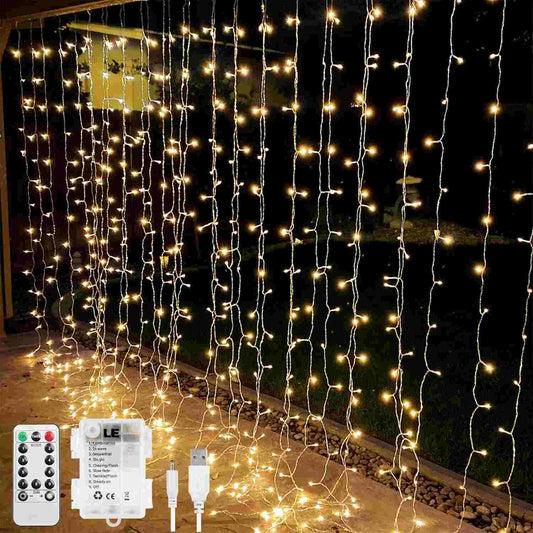 300 LED Curtain Lights – Warm White. 8 Modes