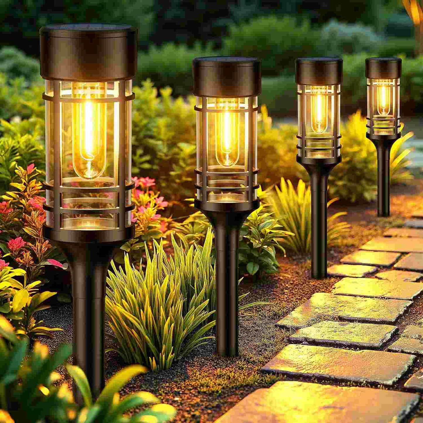 Solar Garden Lights – 4 Pack. 2800K Warm Glow. Auto On/Off. Waterproof
