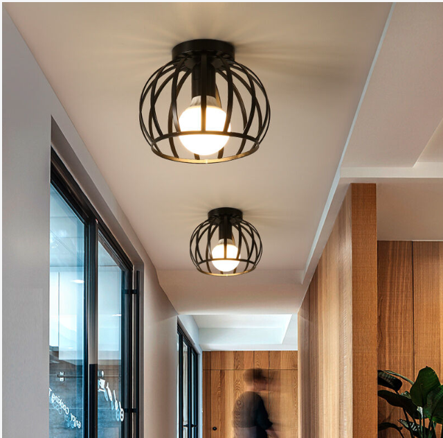 Vintage Semi Flush Ceiling Light – Black Metal Cage Fixture with E27 Holder for Living Room. Kitchen. Bedroom. or Hallway