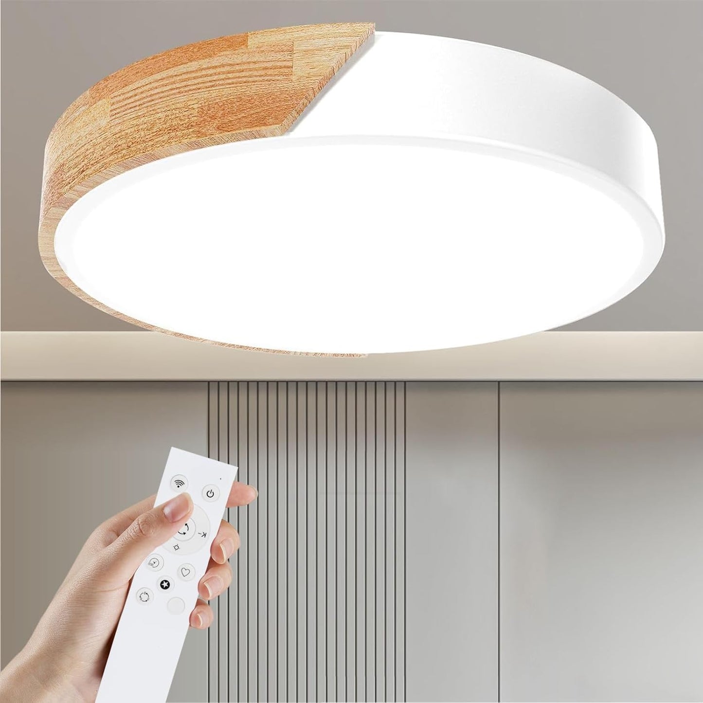 Wooden LED Ceiling Light. Dimmable Modern Fixture with Remote