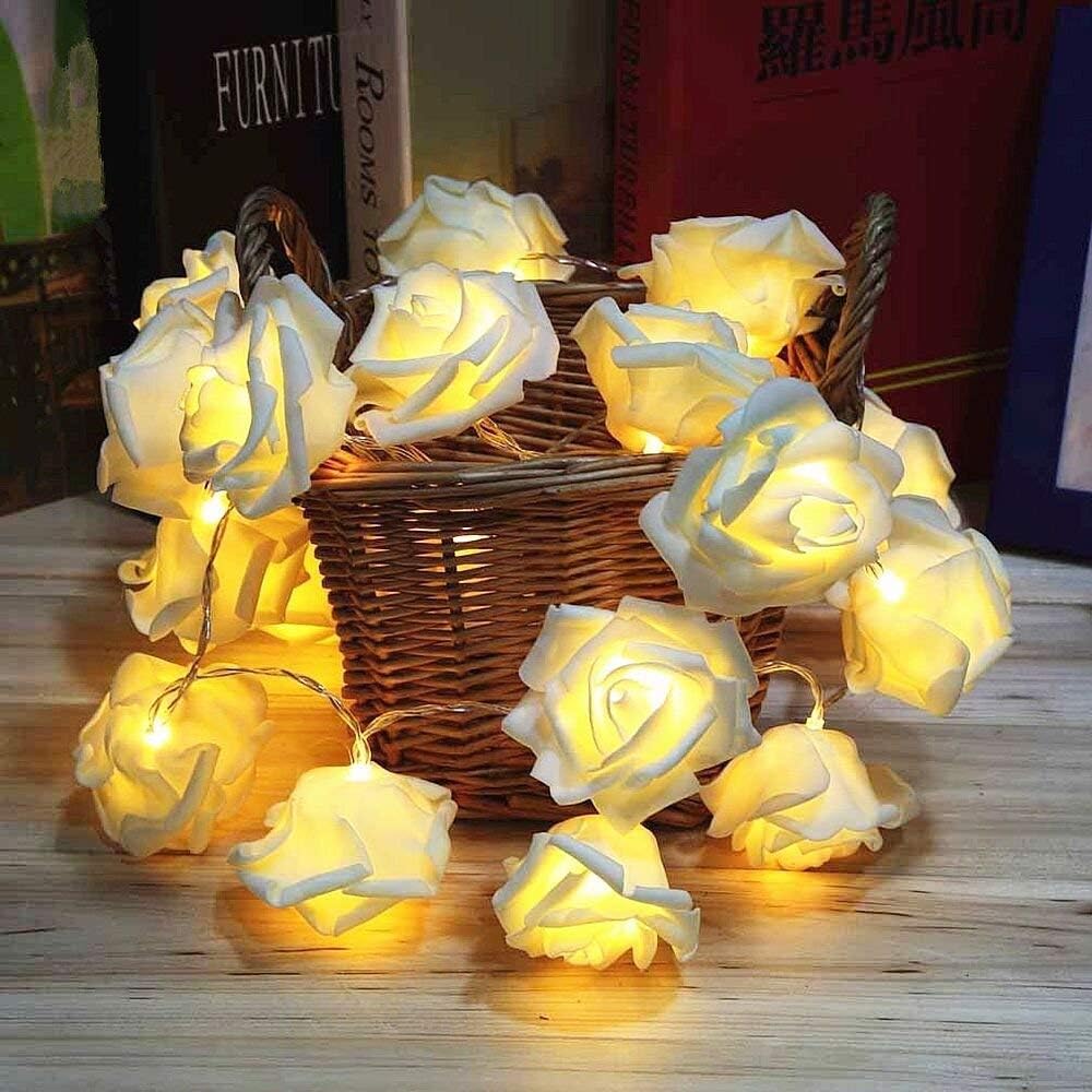 LED Rose Flower String Lights. 20 Warm White Battery Fairy Lights