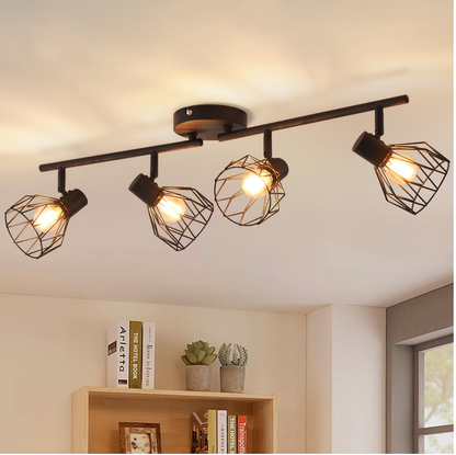 Kitchen Lights Ceiling.4 Way Black Lounge Industrial Wall Lights-Adjustable SpotLights Ceiling Lights Wire Cage with E14 Base. Light Fittings Ceilings