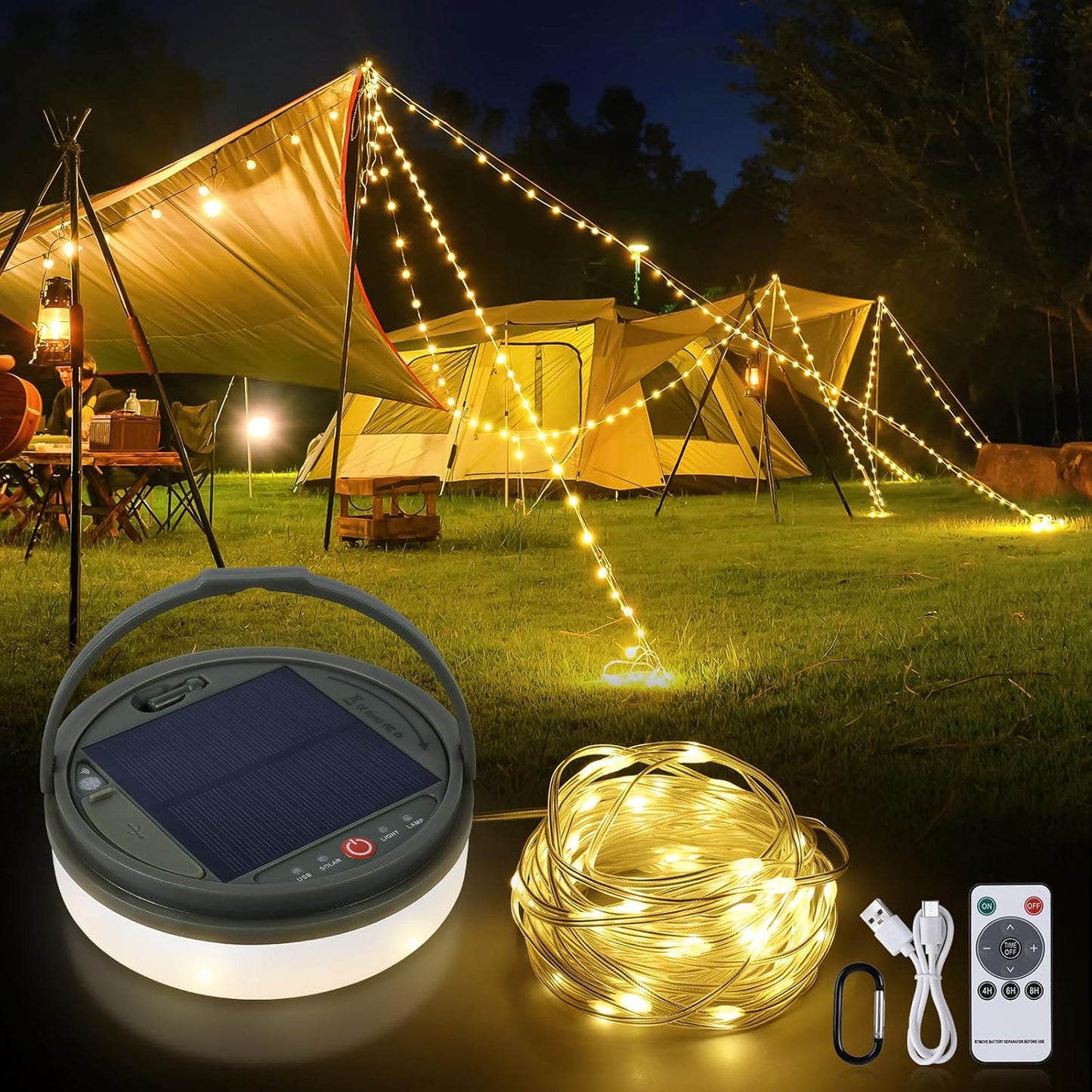 Solar Camping String Lights. 42Ft. 160 LED. USB Rechargeable